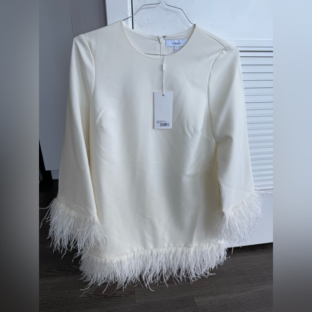 Likely Ivory Feather Trim Mini Dress